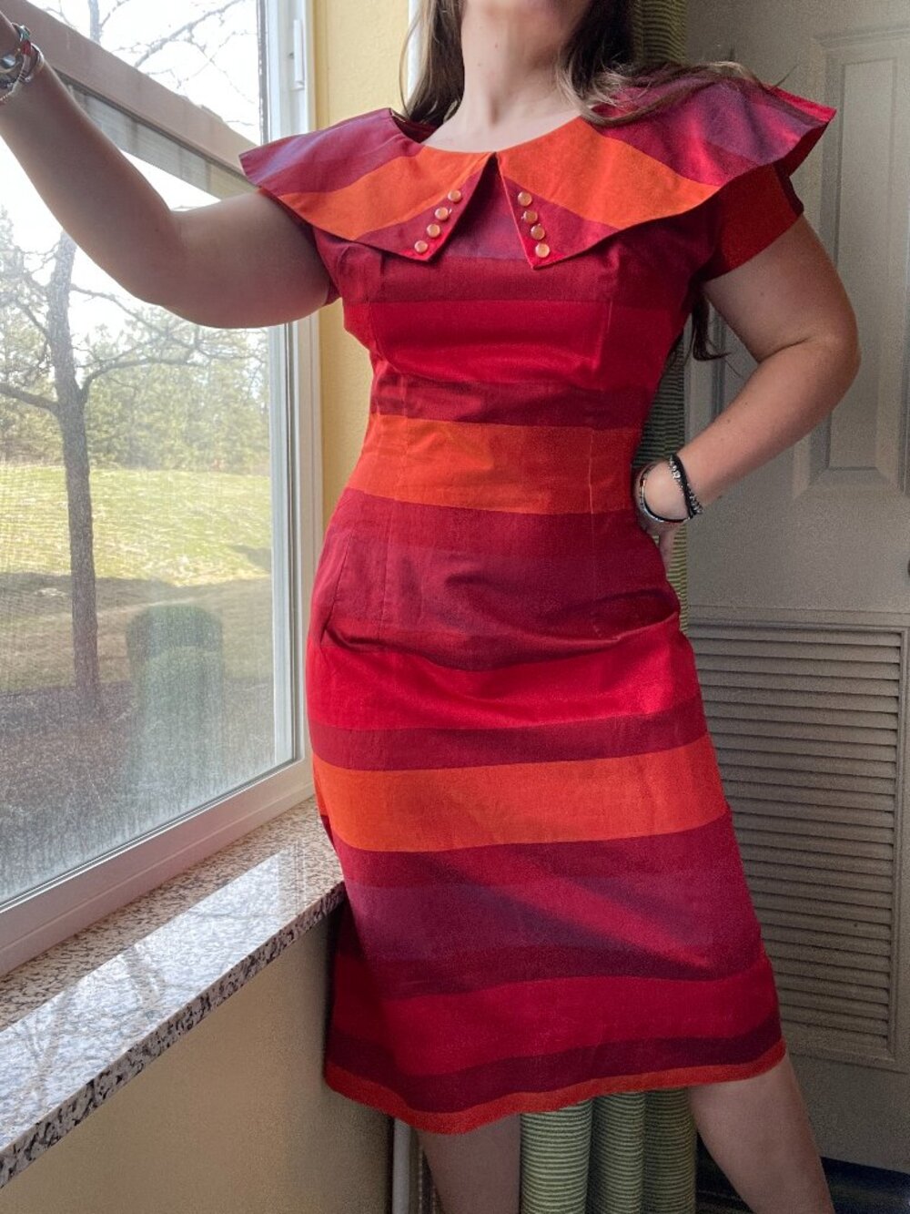 Vintage 50s MCM Red Striped Bombshell Portrait Collar Sheath Dress Handmade M/L